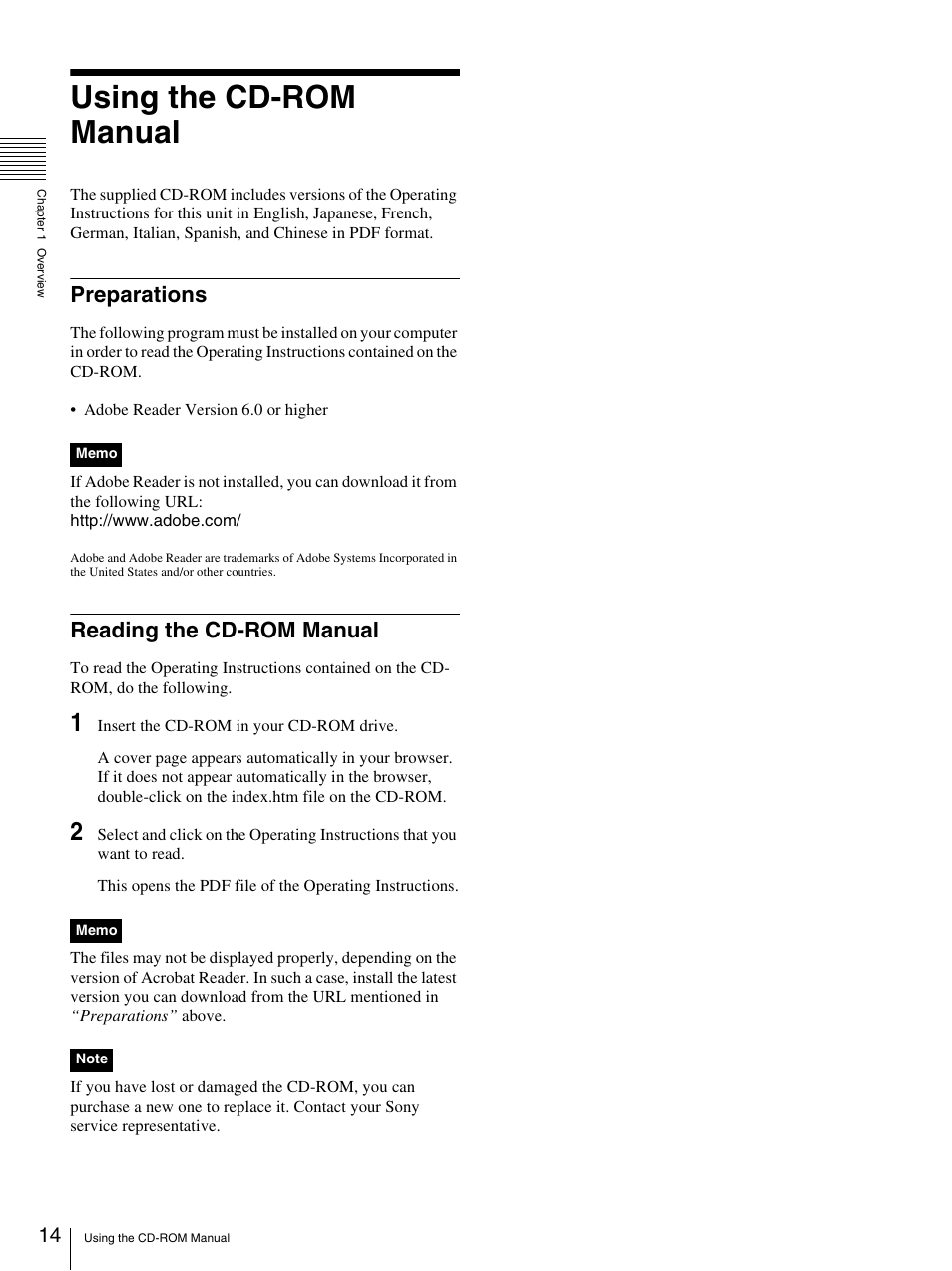 Using the cd-rom manual, Preparations, Reading the cd-rom manual | Preparations reading the cd-rom manual | Sony 3-270-589-12 (1) User Manual | Page 14 / 135