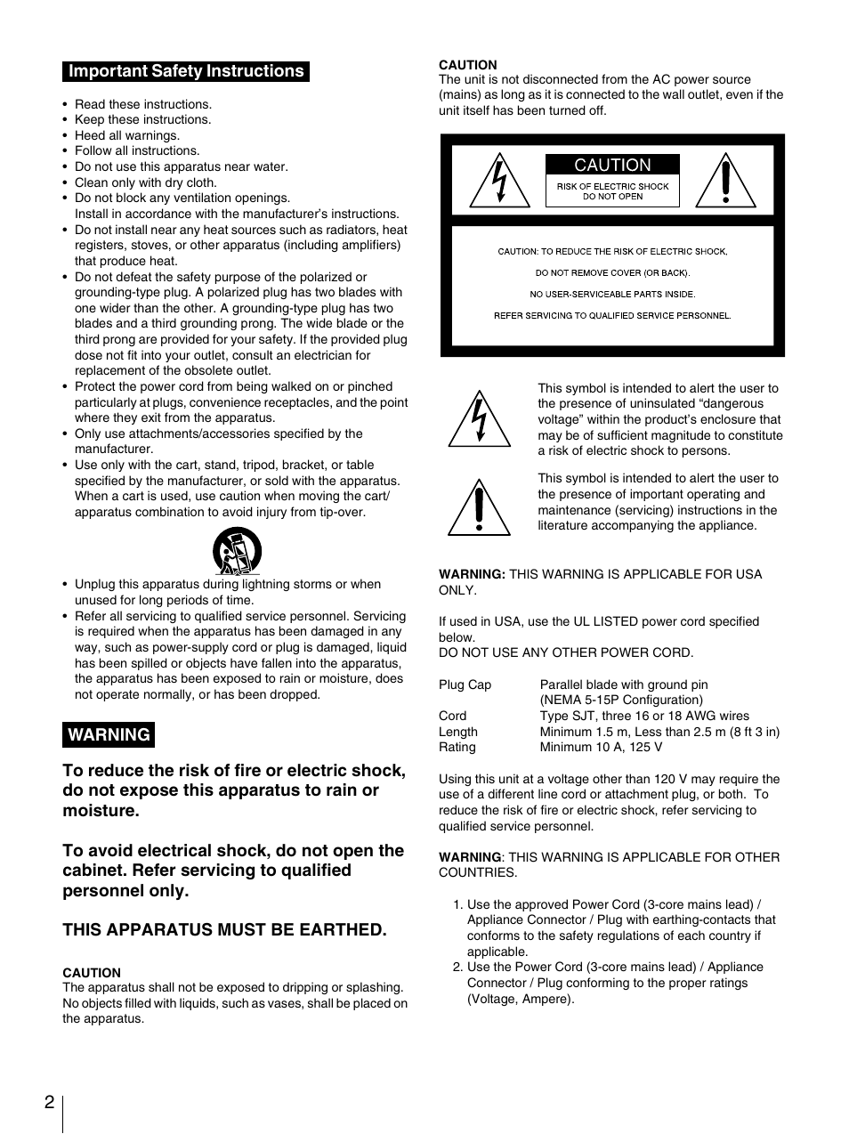 Important safety instructions warning | Sony 3-270-589-12 (1) User Manual | Page 2 / 135