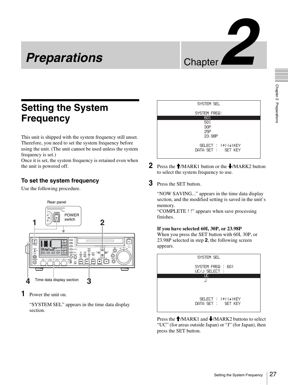 Chapter 2 preparations, Setting the system frequency, Preparations | Chapter, Use the following procedure | Sony 3-270-589-12 (1) User Manual | Page 27 / 135