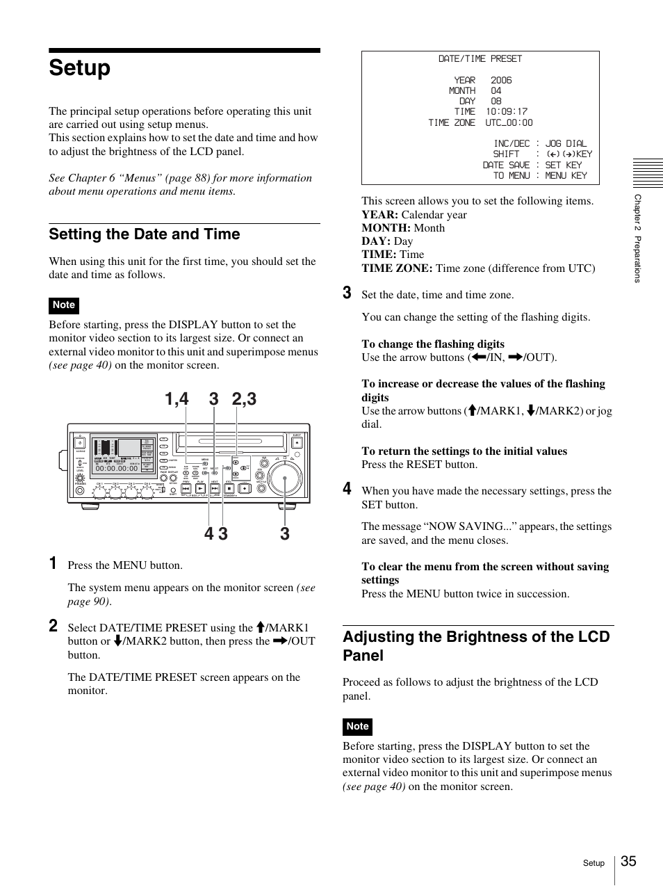 Setup, Setting the date and time, Adjusting the brightness of the lcd panel | Sony 3-270-589-12 (1) User Manual | Page 35 / 135