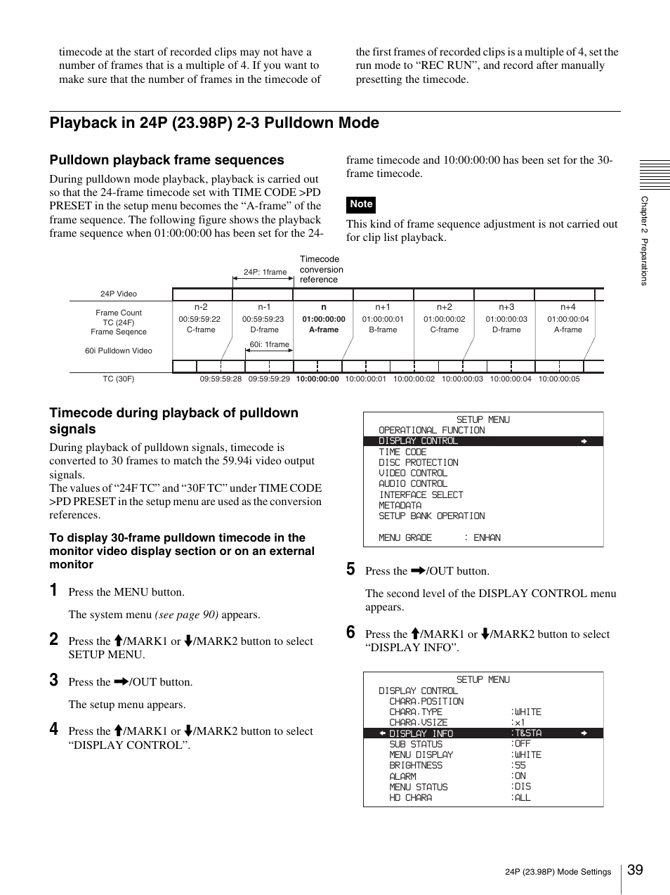 Playback in 24p (23.98p) 2-3 pulldown mode, Pulldown playback frame sequences, Timecode during playback of pulldown signals | Sony 3-270-589-12 (1) User Manual | Page 39 / 135