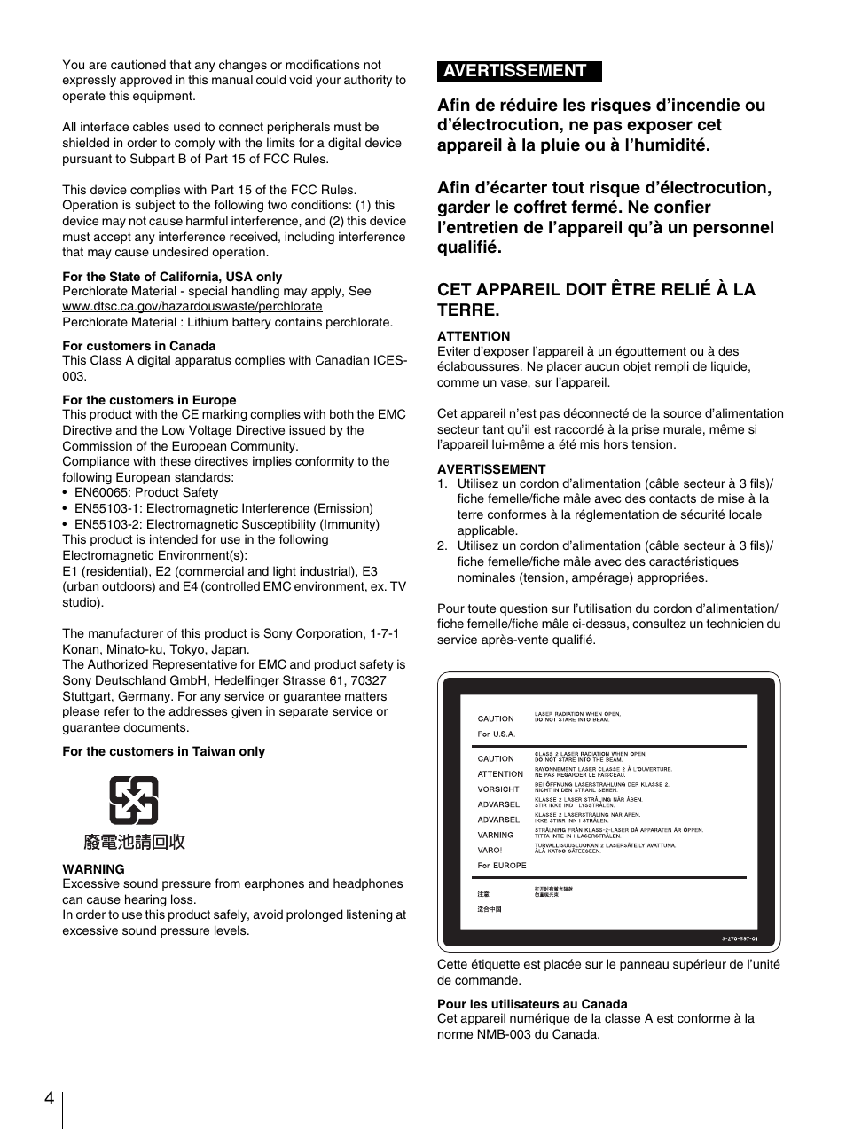 Avertissement | Sony 3-270-589-12 (1) User Manual | Page 4 / 135