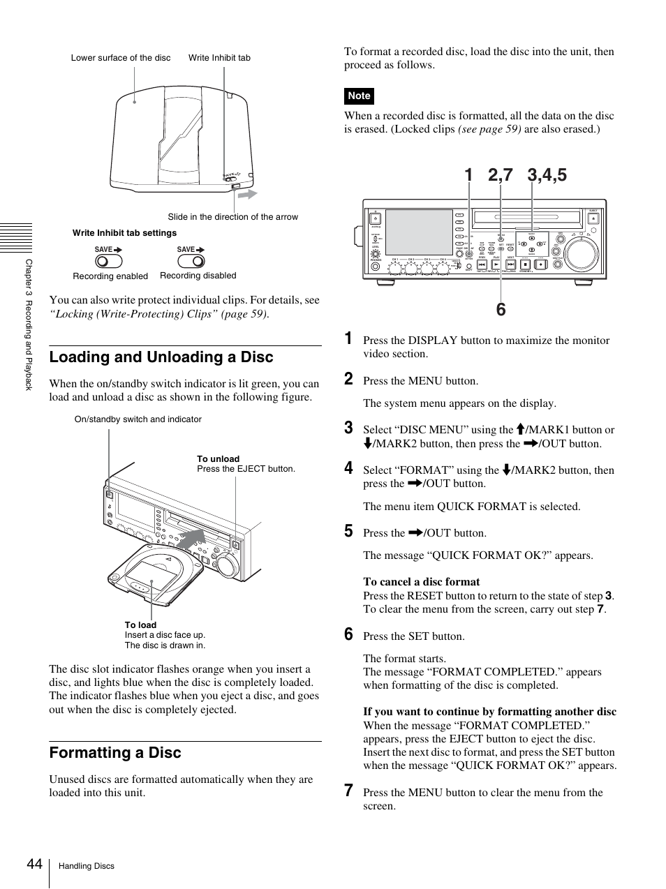 Loading and unloading a disc, Formatting a disc, Loading and unloading a disc formatting a disc | Sony 3-270-589-12 (1) User Manual | Page 44 / 135