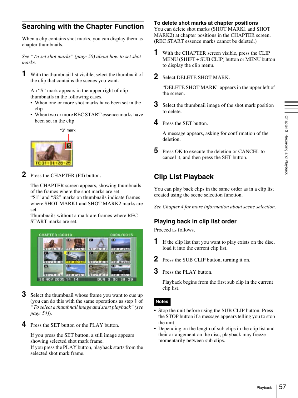 Searching with the chapter function, Clip list playback | Sony 3-270-589-12 (1) User Manual | Page 57 / 135