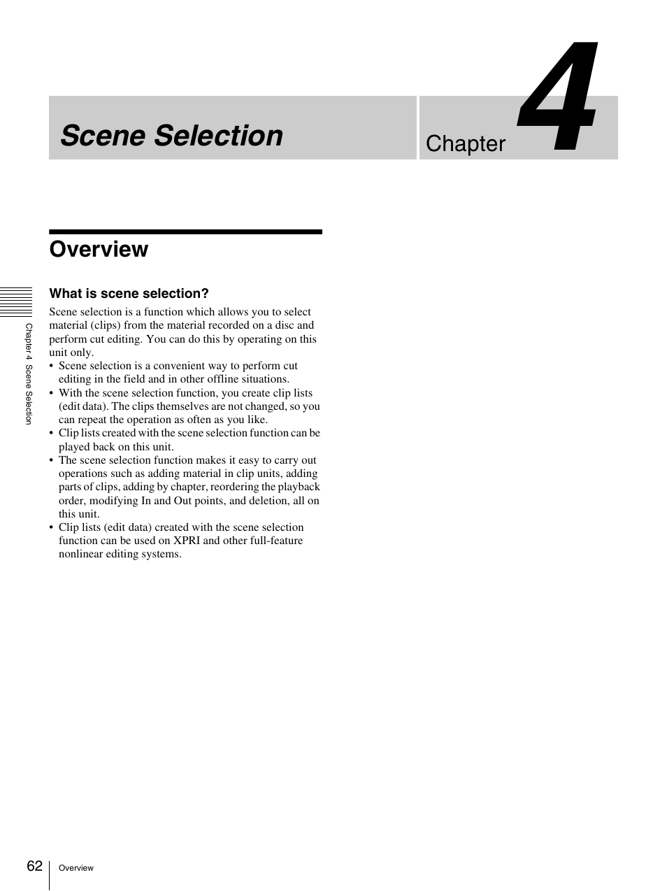 Chapter 4 scene selection, Overview, Scene selection | Chapter | Sony 3-270-589-12 (1) User Manual | Page 62 / 135