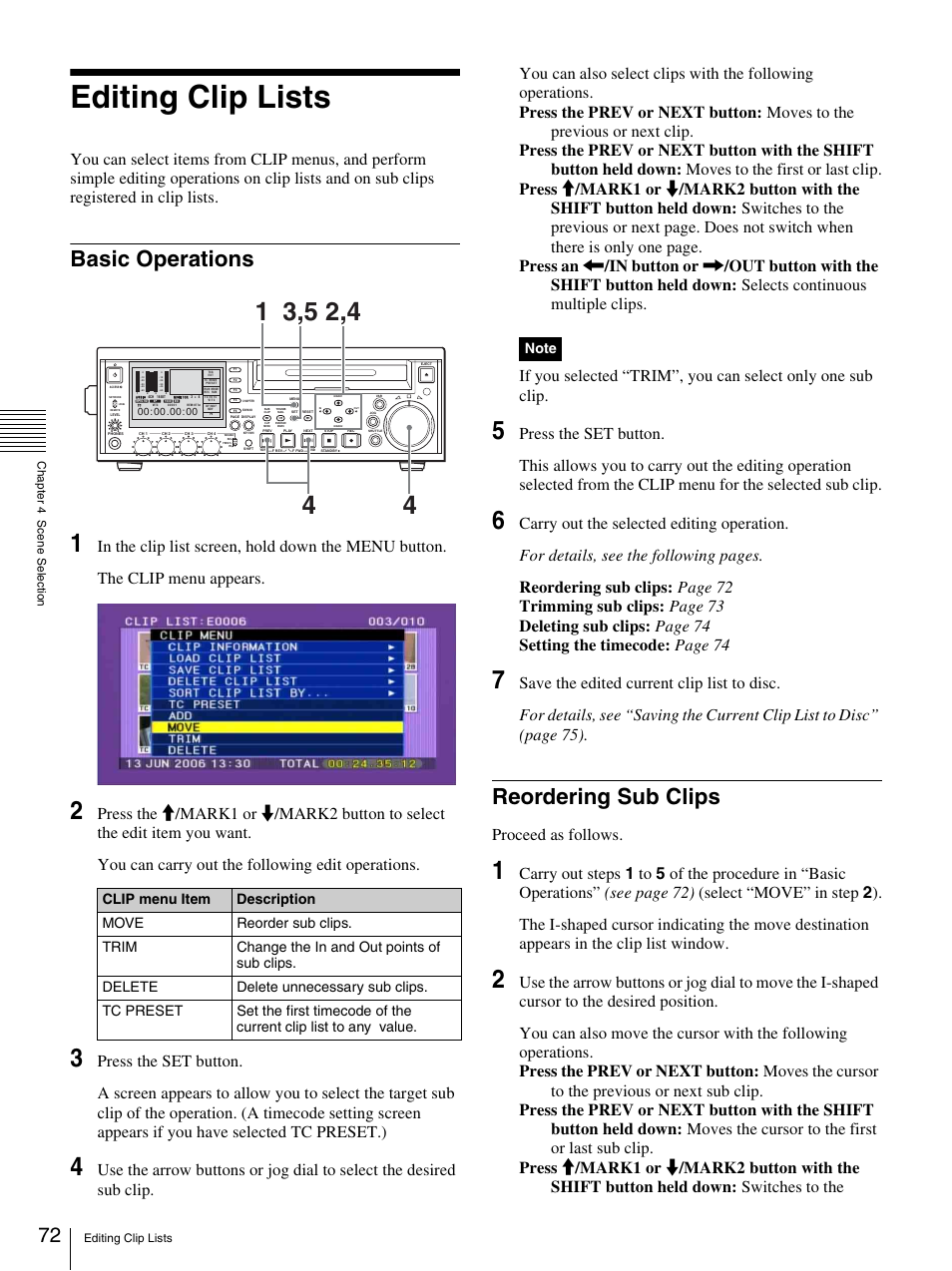 Editing clip lists, Basic operations, Reordering sub clips | Basic operations reordering sub clips, Proceed as follows | Sony 3-270-589-12 (1) User Manual | Page 72 / 135