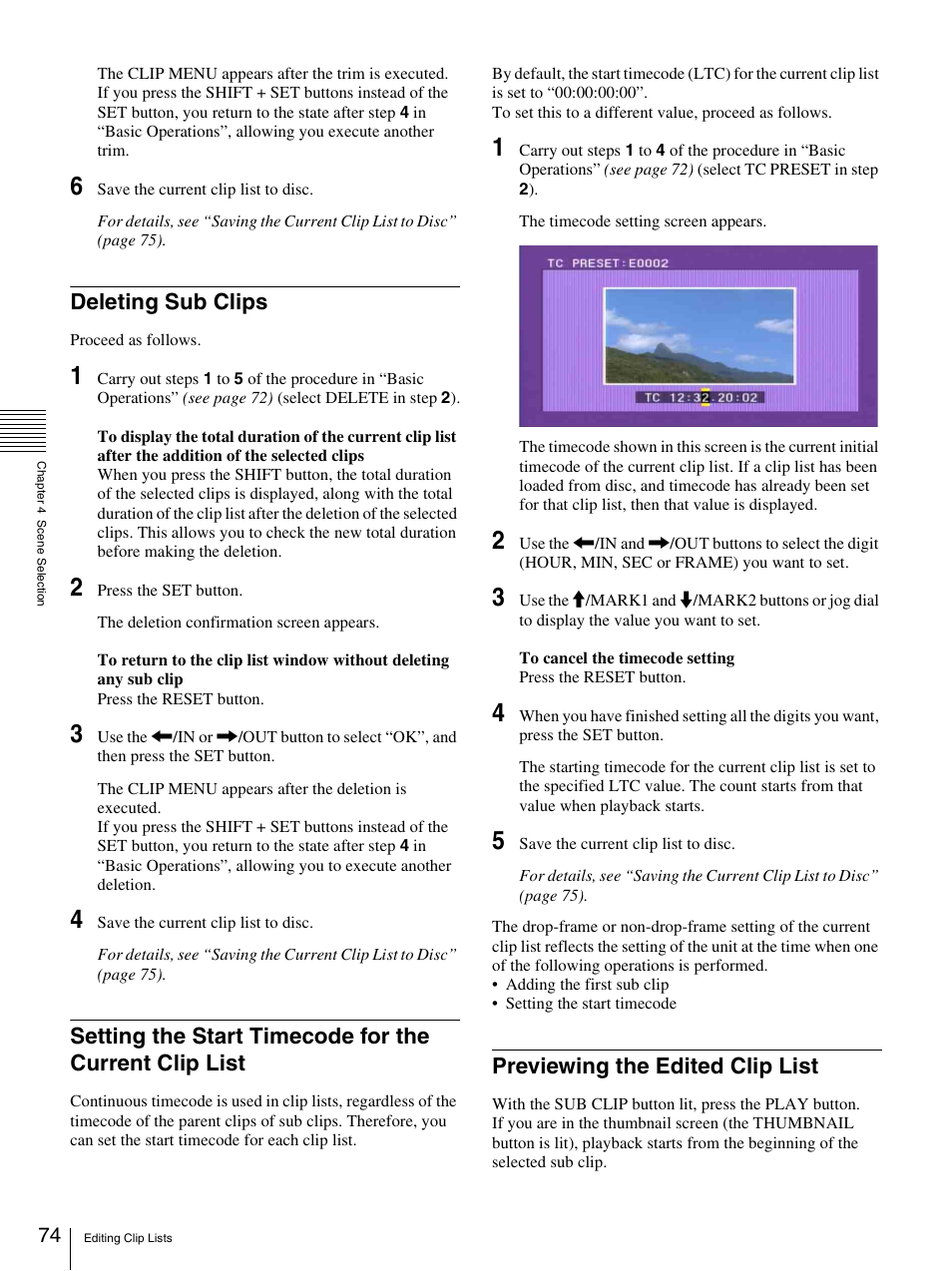 Deleting sub clips, Previewing the edited clip list | Sony 3-270-589-12 (1) User Manual | Page 74 / 135