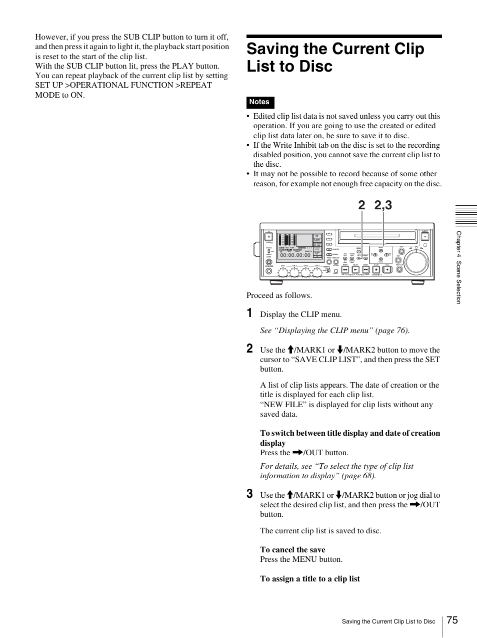 Saving the current clip list to disc | Sony 3-270-589-12 (1) User Manual | Page 75 / 135