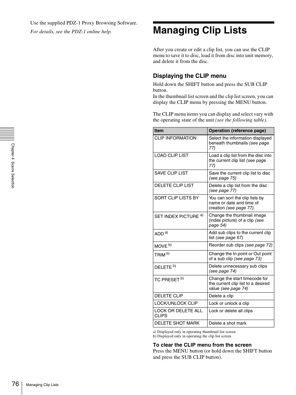 Managing clip lists, Displaying the clip menu | Sony 3-270-589-12 (1) User Manual | Page 76 / 135