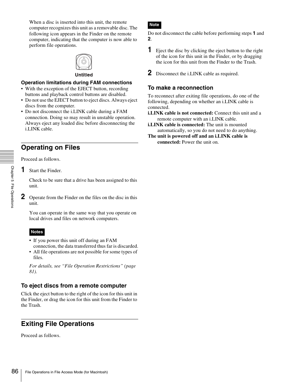 Operating on files, Exiting file operations, Operating on files exiting file operations | Sony 3-270-589-12 (1) User Manual | Page 86 / 135