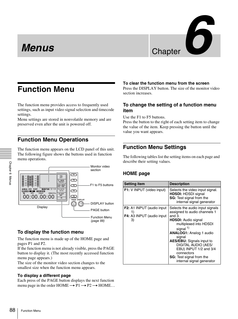 Chapter 6 menus, Function menu, Function menu operations | Function menu settings, Function menu operations function menu settings, Menus, Chapter, Home page | Sony 3-270-589-12 (1) User Manual | Page 88 / 135