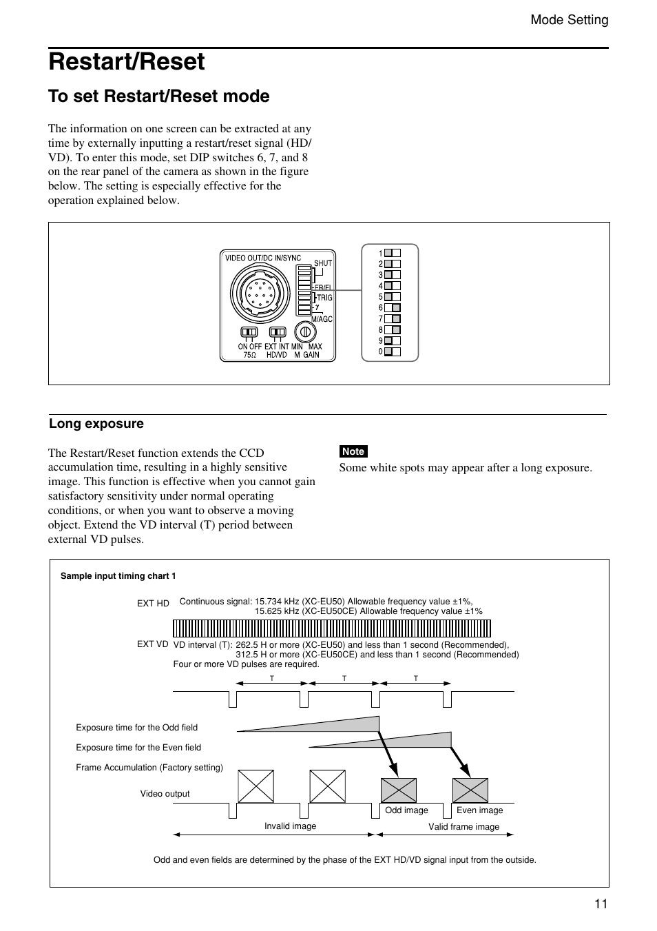 Restart/reset, To set restart/reset mode, 11 mode setting | Long exposure | Sony XC-EU50 User Manual | Page 11 / 27