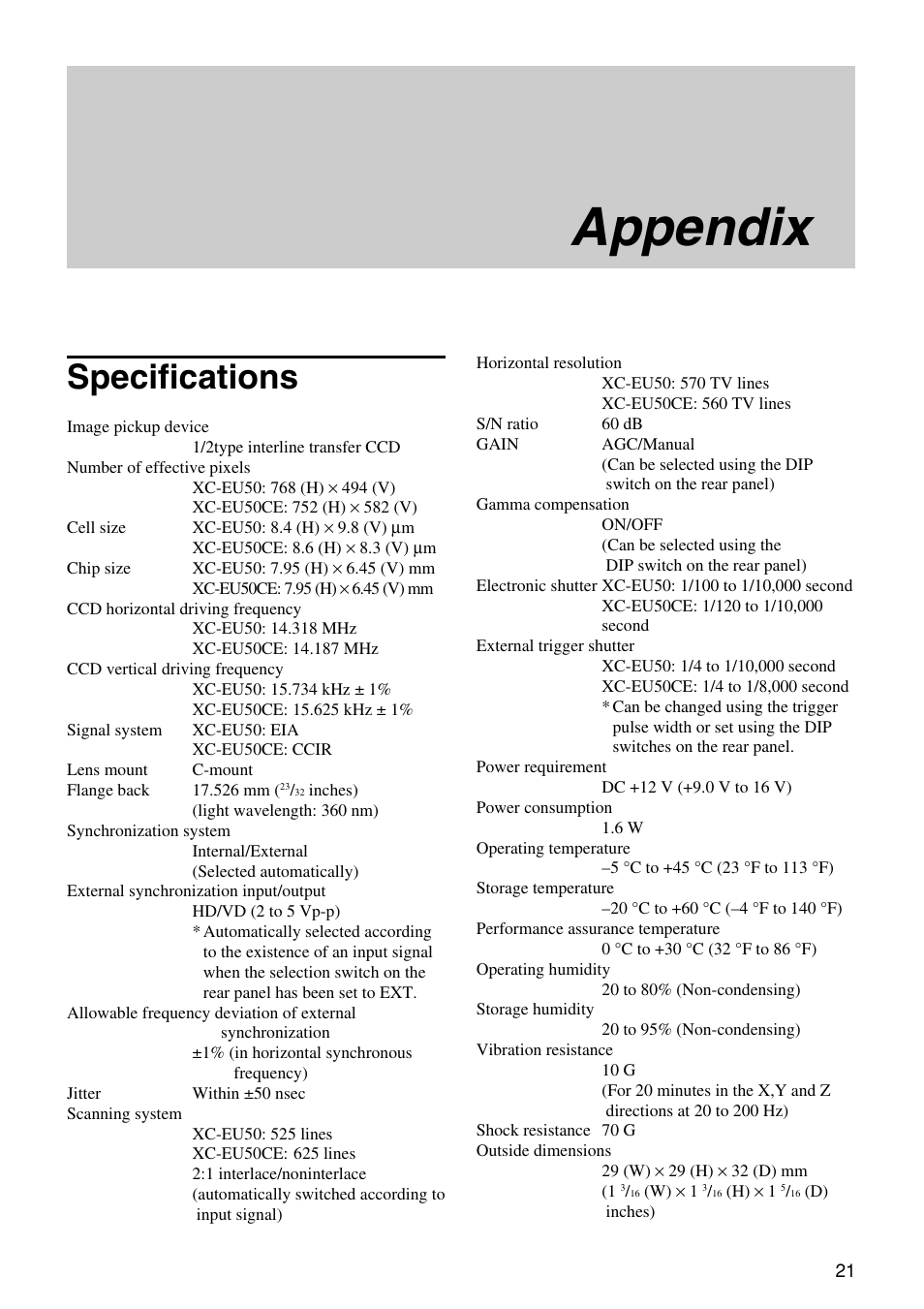 Appendix, Specifications | Sony XC-EU50 User Manual | Page 21 / 27