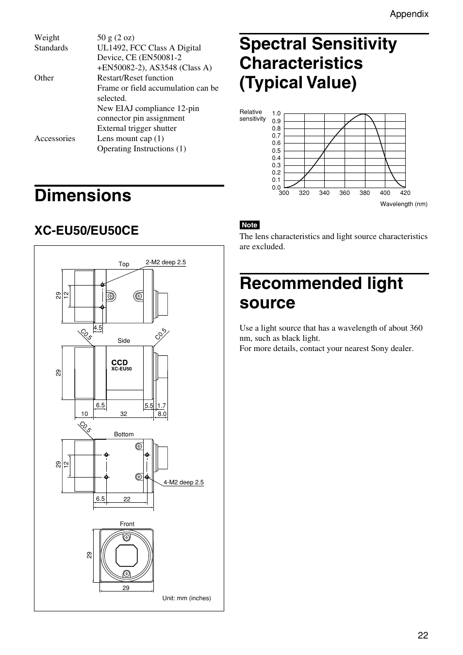 Dimensions, Xc-eu50/eu50ce, Recommended light source | Spectral sensitivity characteristics, Typical value), 22 appendix | Sony XC-EU50 User Manual | Page 22 / 27