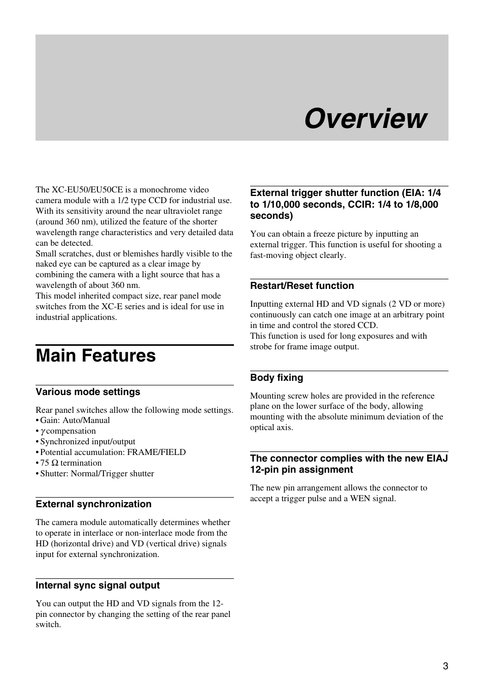 Overview, Main features | Sony XC-EU50 User Manual | Page 3 / 27