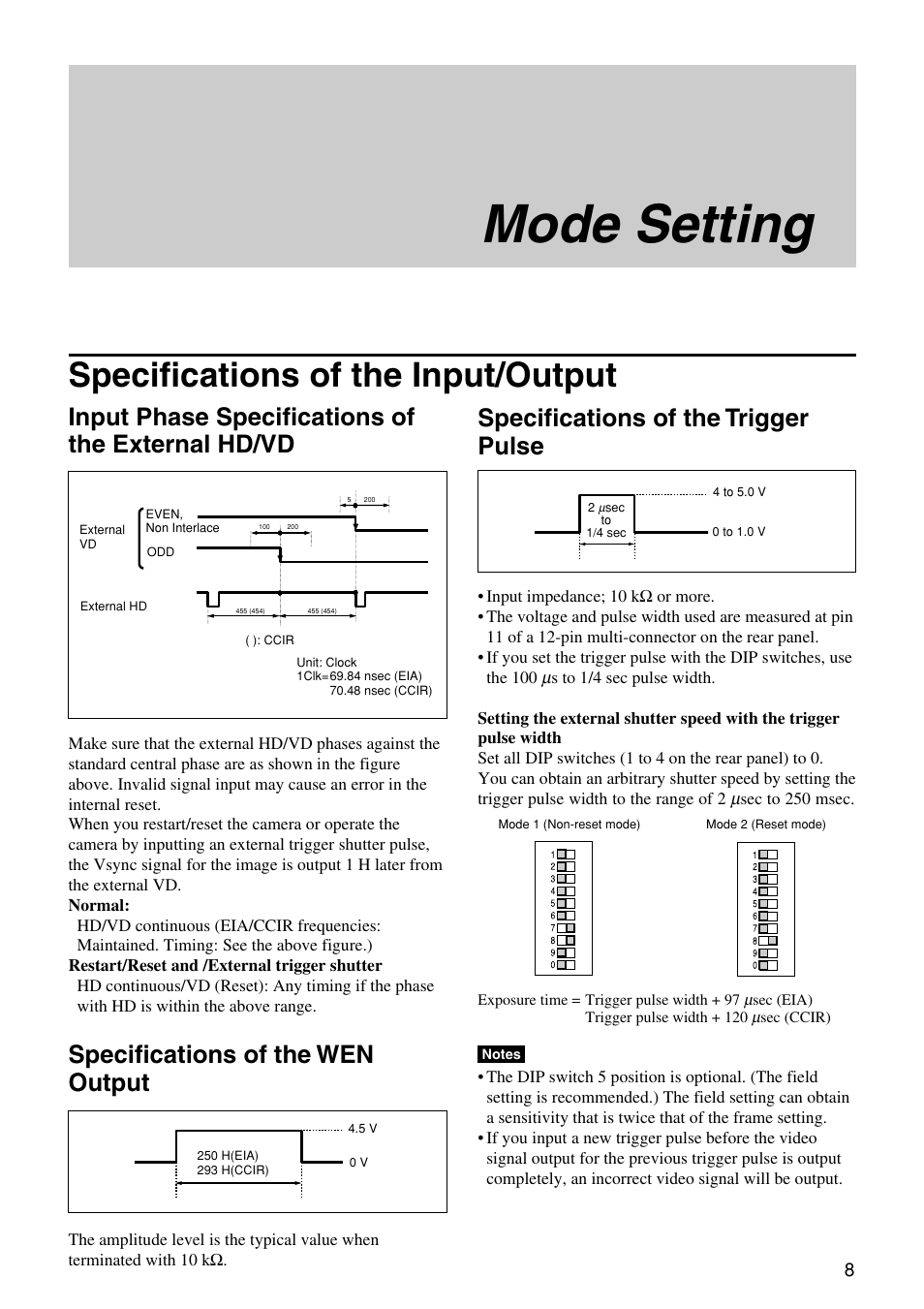 Mode setting, Specifications of the input/output, Input phase specifications of the external hd/vd | Specifications of the wen output, Specifications of the trigger pulse | Sony XC-EU50 User Manual | Page 8 / 27