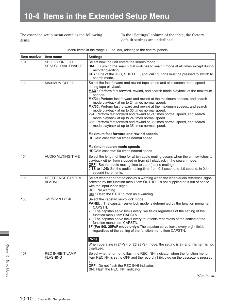 4 items in the extended setup menu | Sony HDW-D2000 User Manual | Page 107 / 147