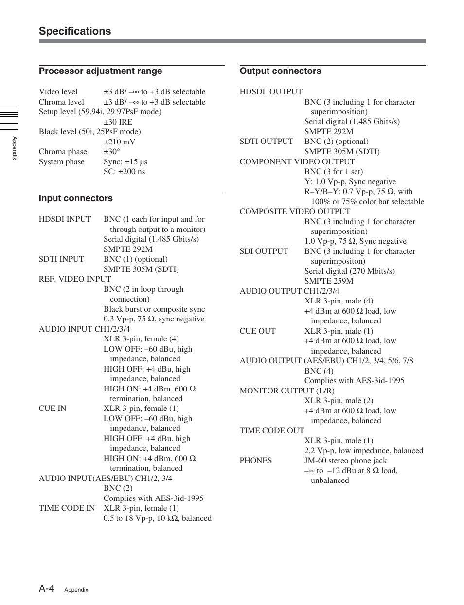 Specifications | Sony HDW-D2000 User Manual | Page 140 / 147