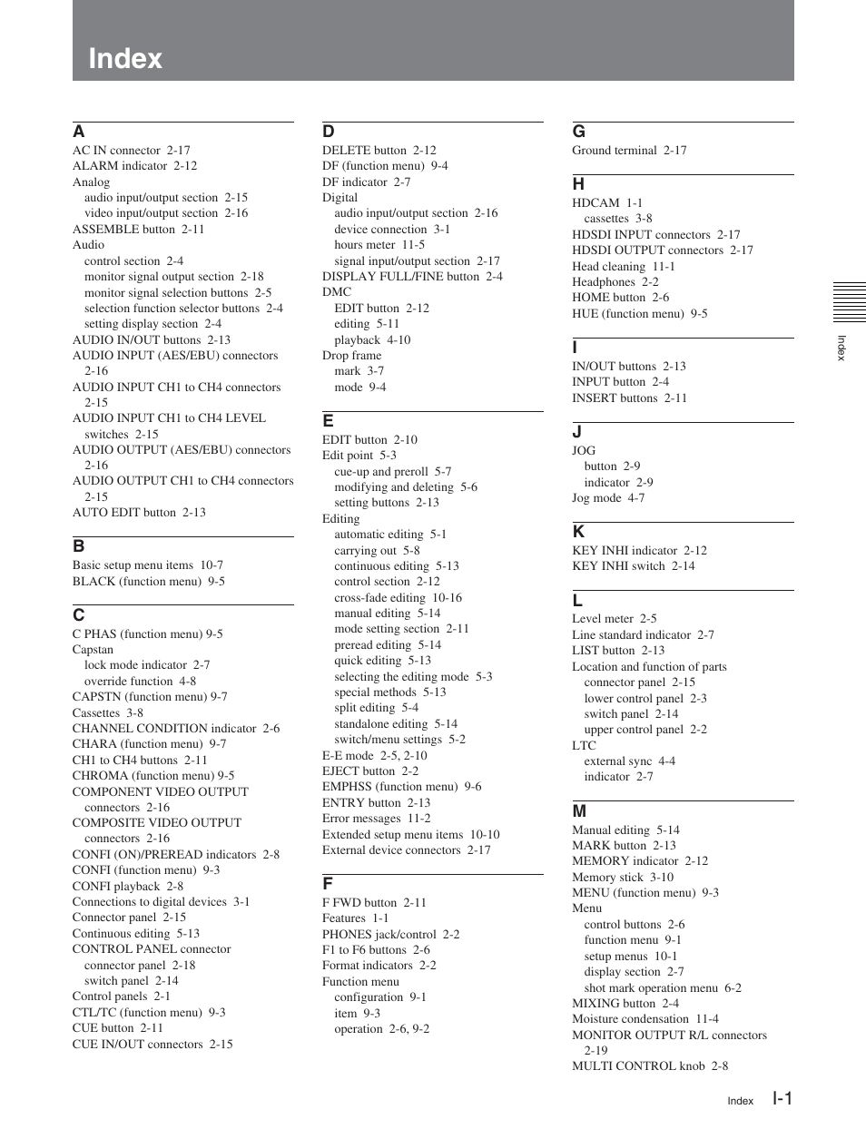 Index | Sony HDW-D2000 User Manual | Page 144 / 147