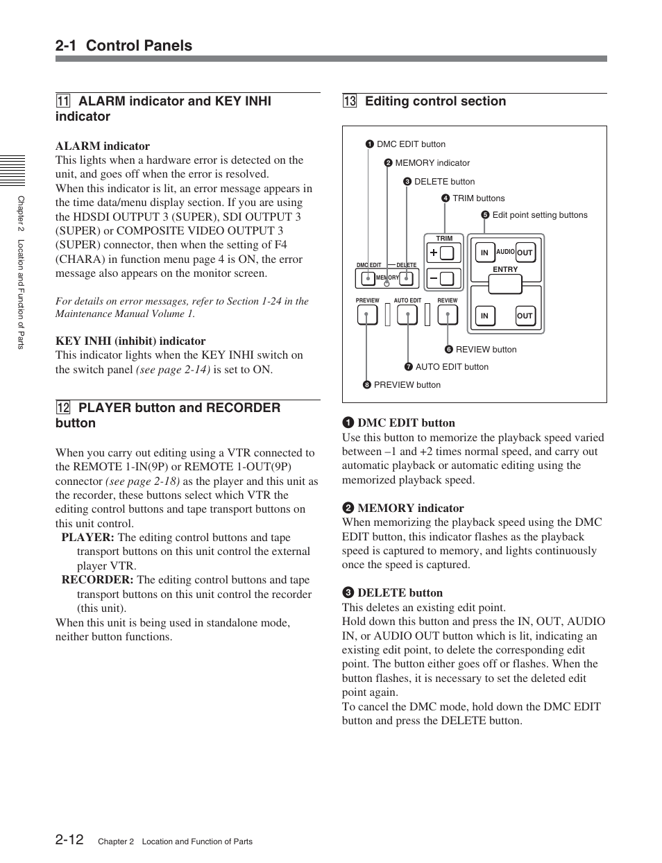 1 control panels, Qa alarm indicator and key inhi indicator, Qs player button and recorder button | Sony HDW-D2000 User Manual | Page 19 / 147