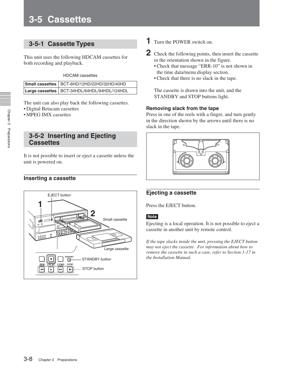 5 cassettes, 5-1 cassette types, 5-2 inserting and ejecting cassettes | Sony HDW-D2000 User Manual | Page 34 / 147