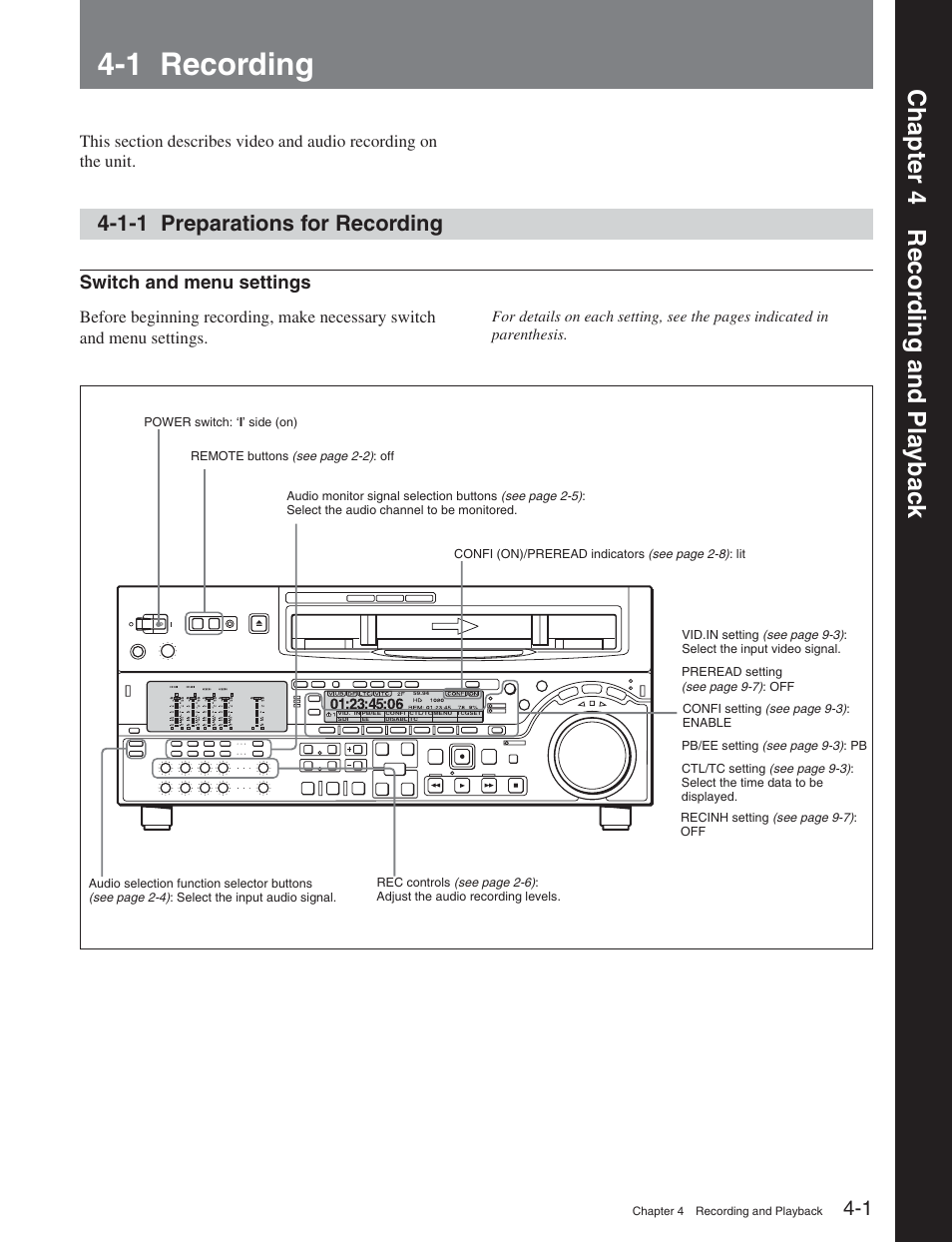 Chapter 4 recording and playback, 1 recording, 1-1 preparations for recording | Chapter 4 recor ding and pla ybac k, Switch and menu settings | Sony HDW-D2000 User Manual | Page 38 / 147