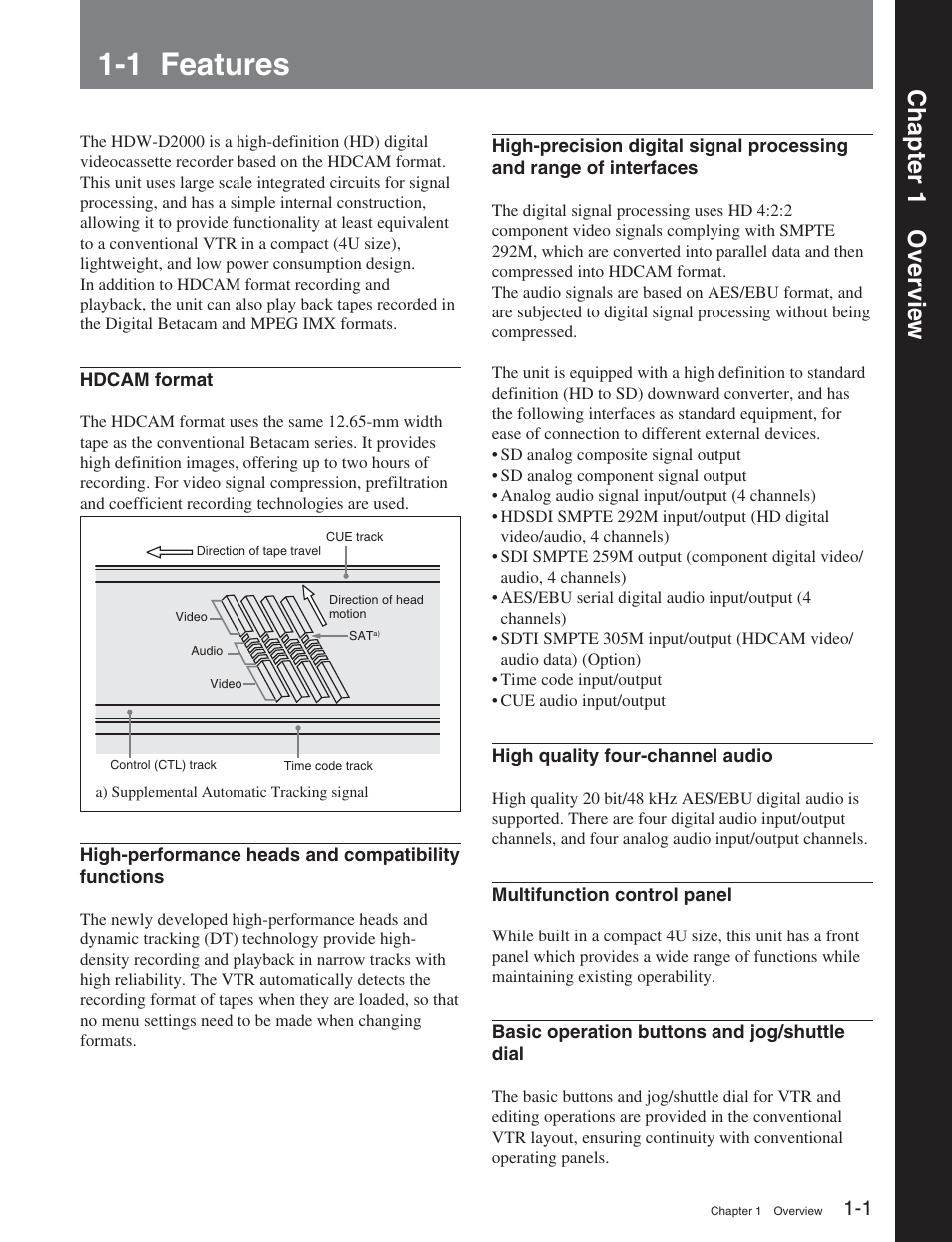 Chapter 1 overview, 1 features, Chapter 1 over vie w | Sony HDW-D2000 User Manual | Page 5 / 147