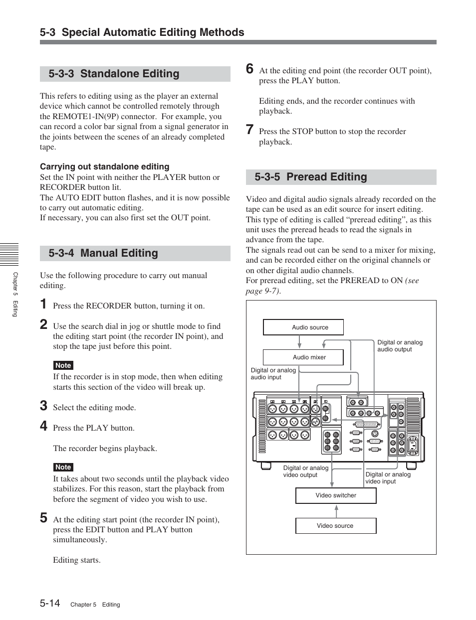 3-3 standalone editing, 3-4 manual editing, 3-5 preread editing | Sony HDW-D2000 User Manual | Page 63 / 147