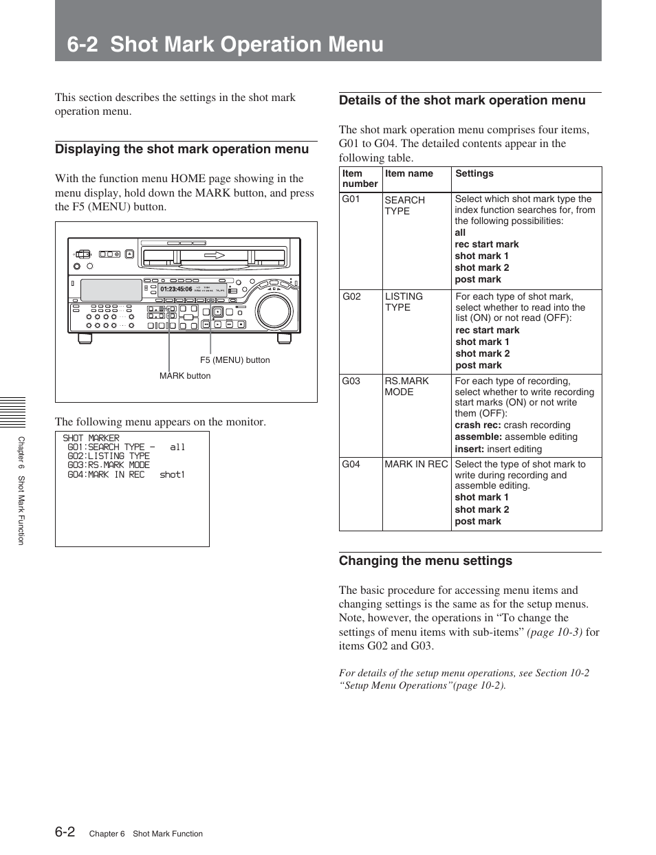 2 shot mark operation menu, Displaying the shot mark operation menu, Details of the shot mark operation menu | Changing the menu settings | Sony HDW-D2000 User Manual | Page 66 / 147