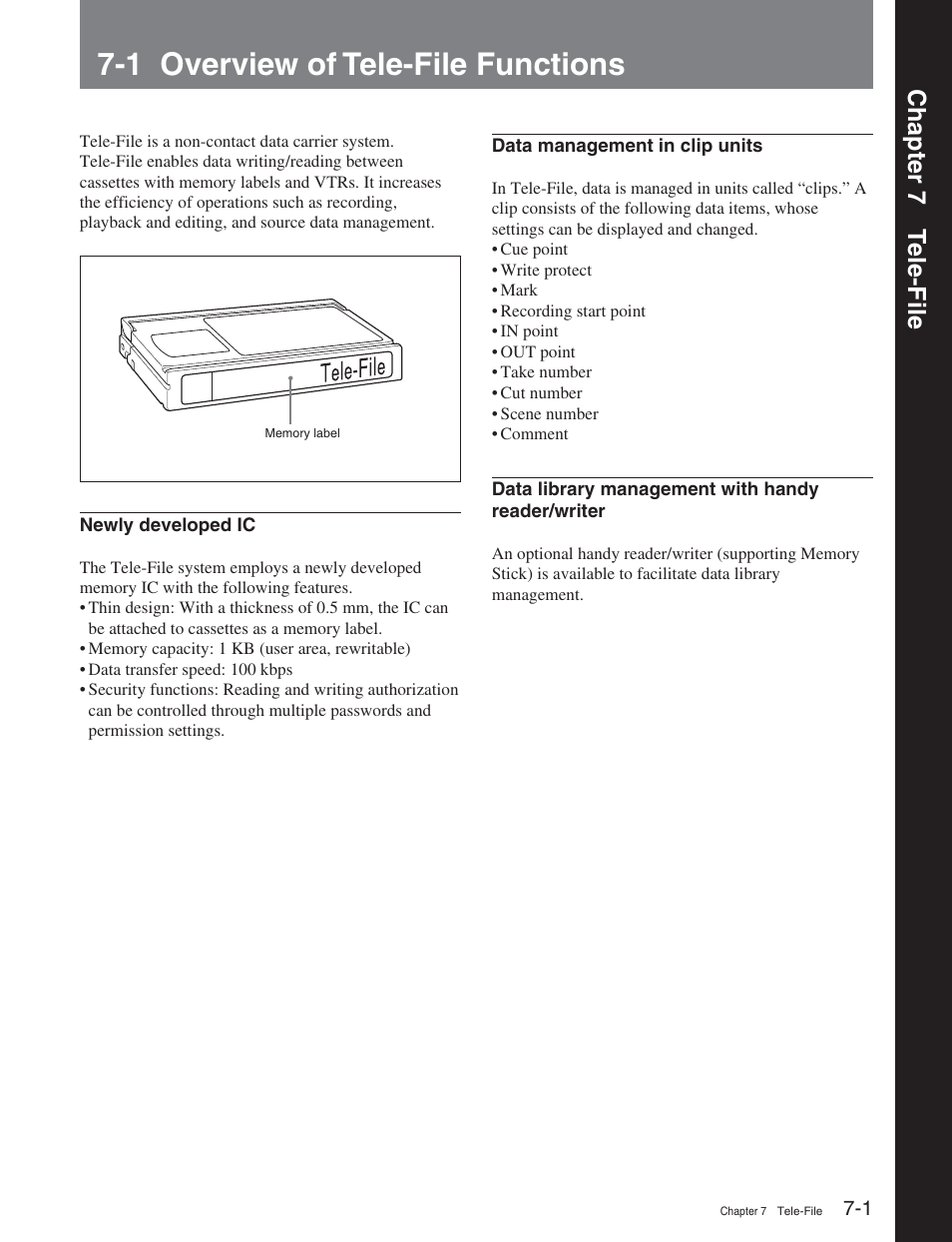 Chapter 7 tele-file, 1 overview of tele-file functions, Chapter 7 t ele-file | Sony HDW-D2000 User Manual | Page 73 / 147