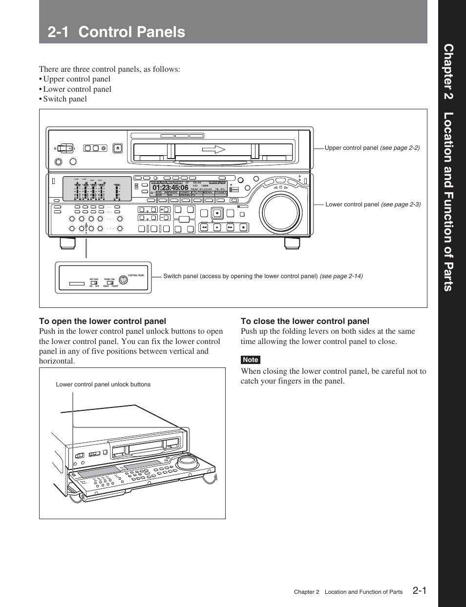 Chapter 2 location and function of parts, 1 control panels, Chapter 2 location and function of p ar ts | Sony HDW-D2000 User Manual | Page 8 / 147