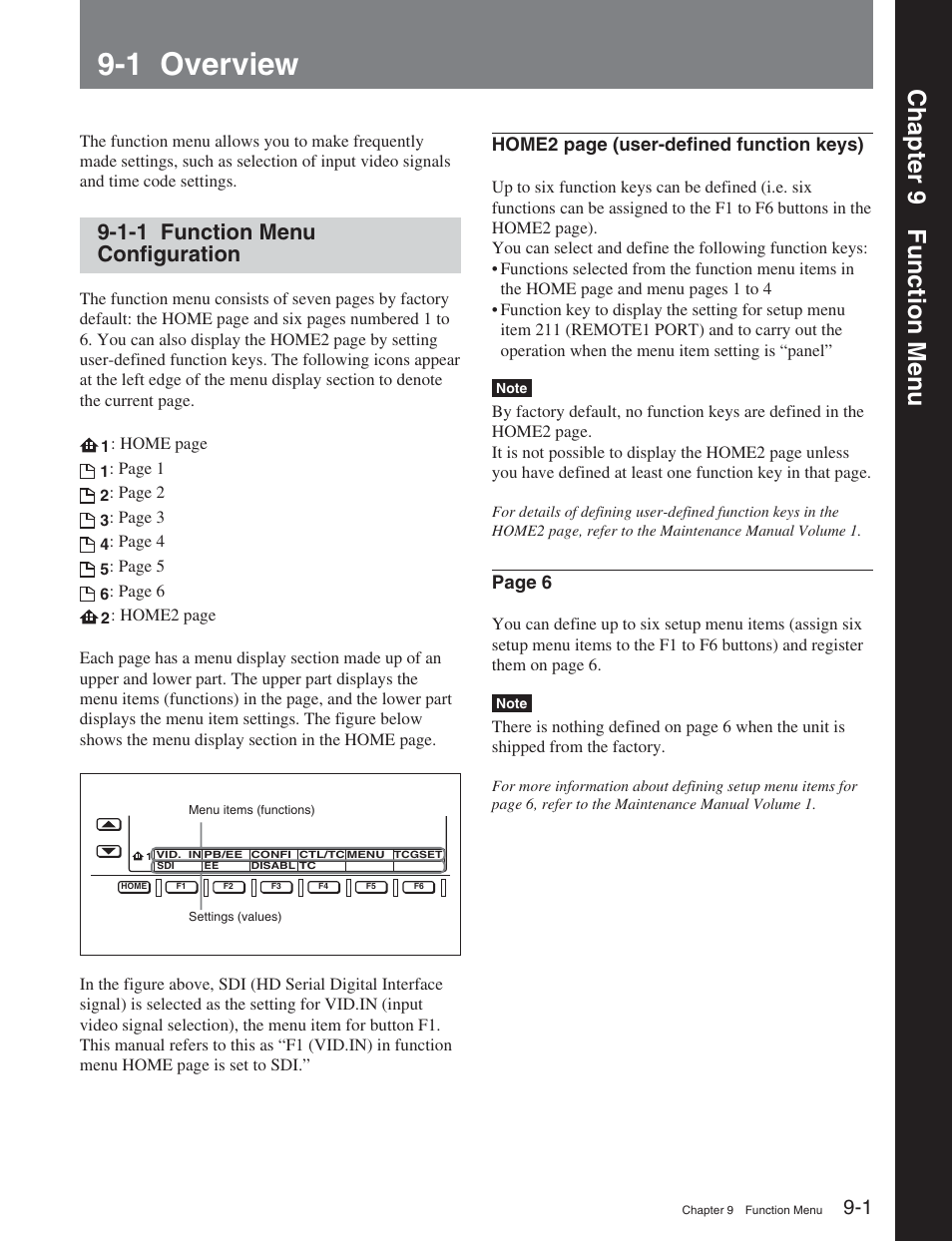 Chapter 9 function menu, 1 overview, 1-1 function menu configuration | Chapter 9 function men u | Sony HDW-D2000 User Manual | Page 90 / 147
