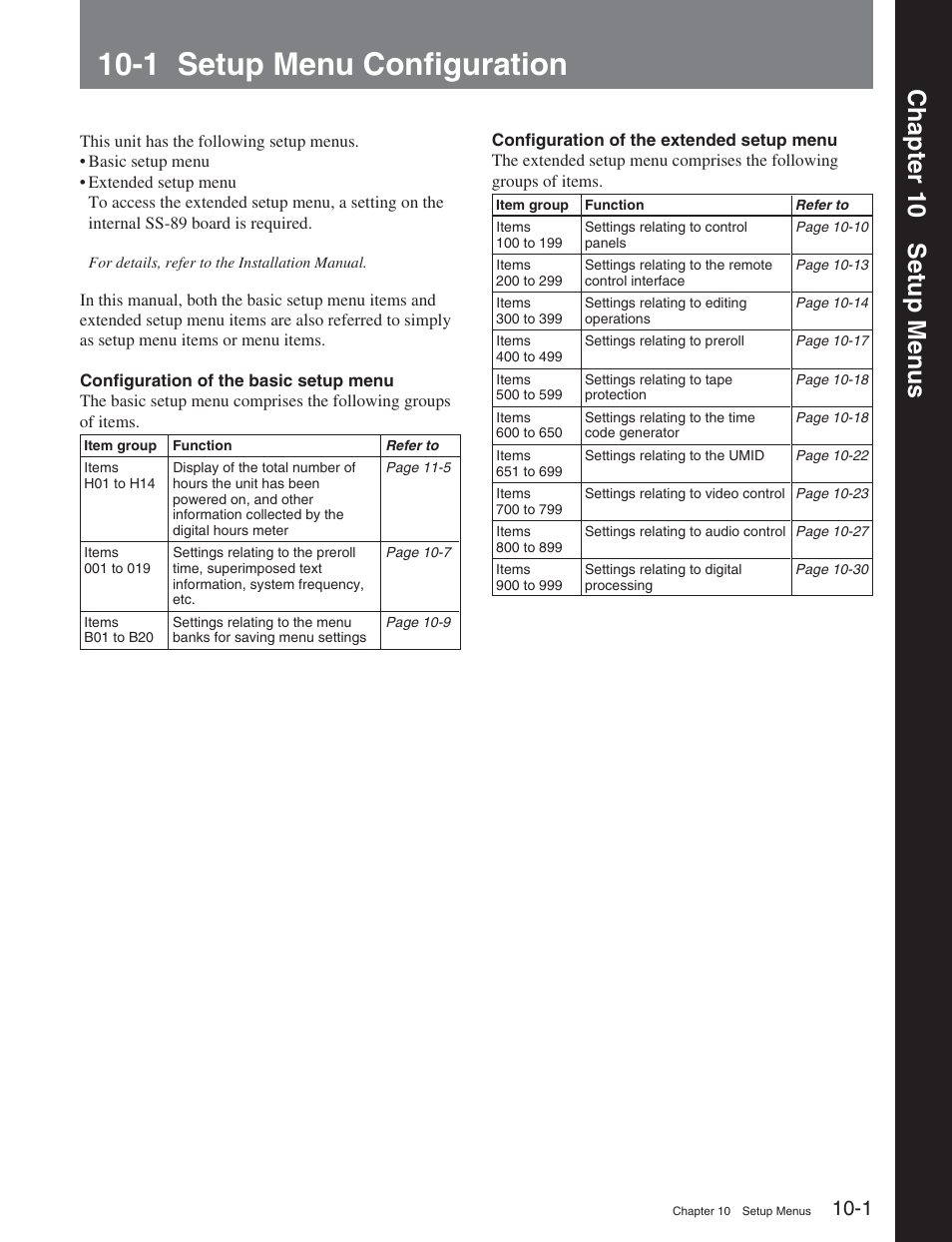 Chapter 10 setup menus, 1 setup menu configuration, Chapter 10 setup men us | Sony HDW-D2000 User Manual | Page 98 / 147