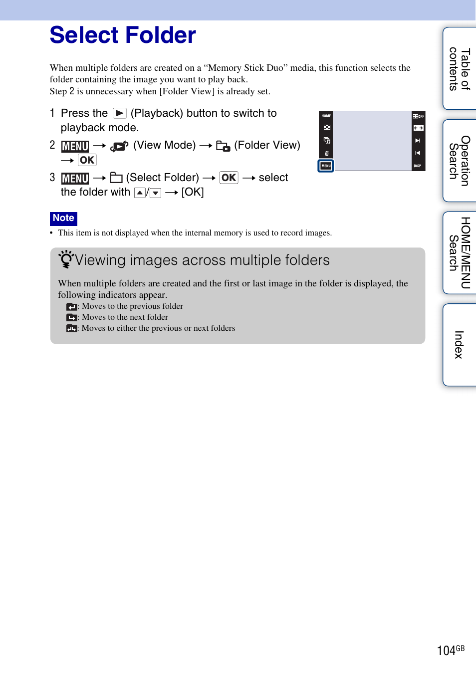 Select folder, Select folder), Viewing images across multiple folders | Sony Cyber-shot 4-130-938-12(1) User Manual | Page 104 / 170