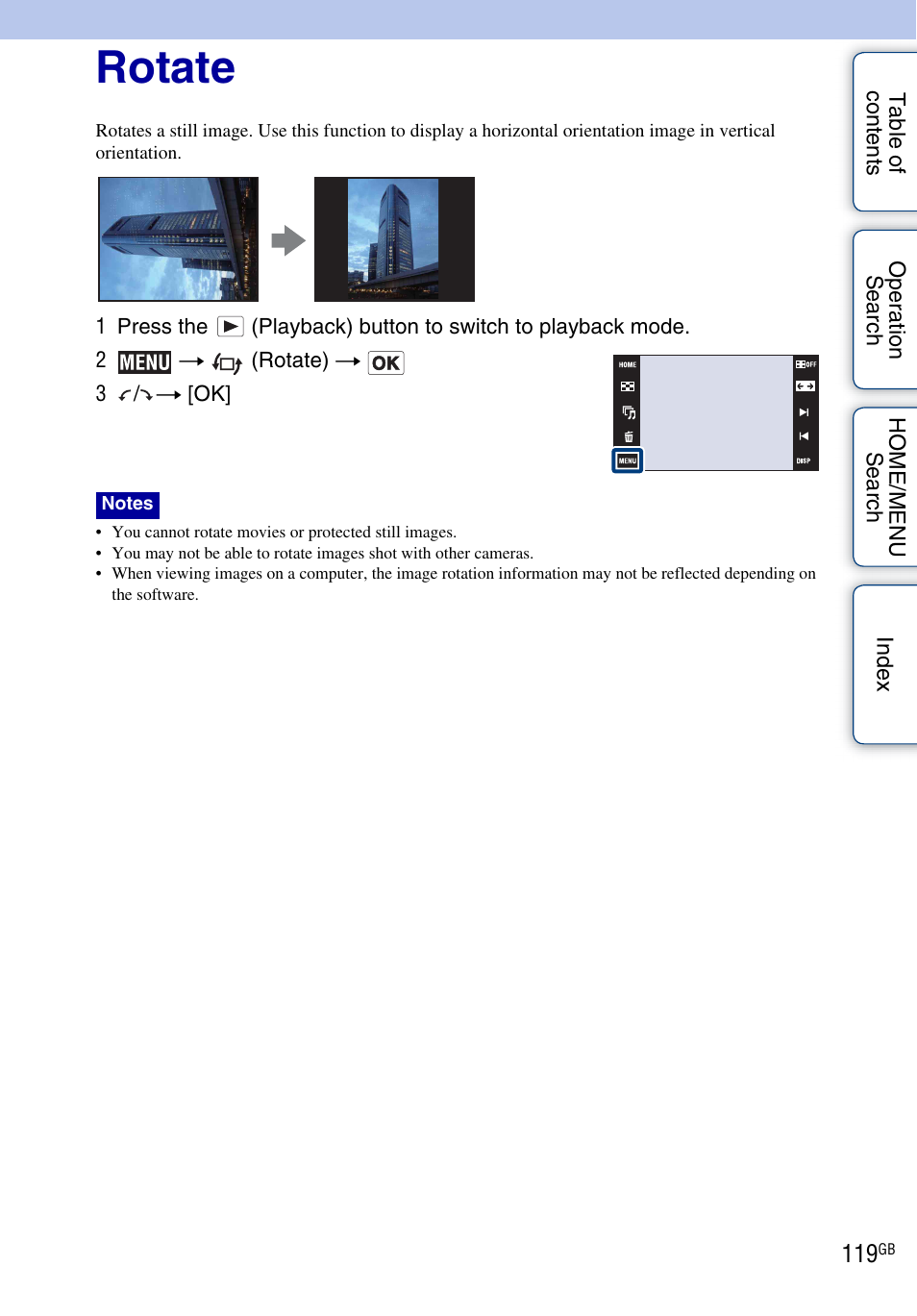 Rotate, Rotate) | Sony Cyber-shot 4-130-938-12(1) User Manual | Page 119 / 170