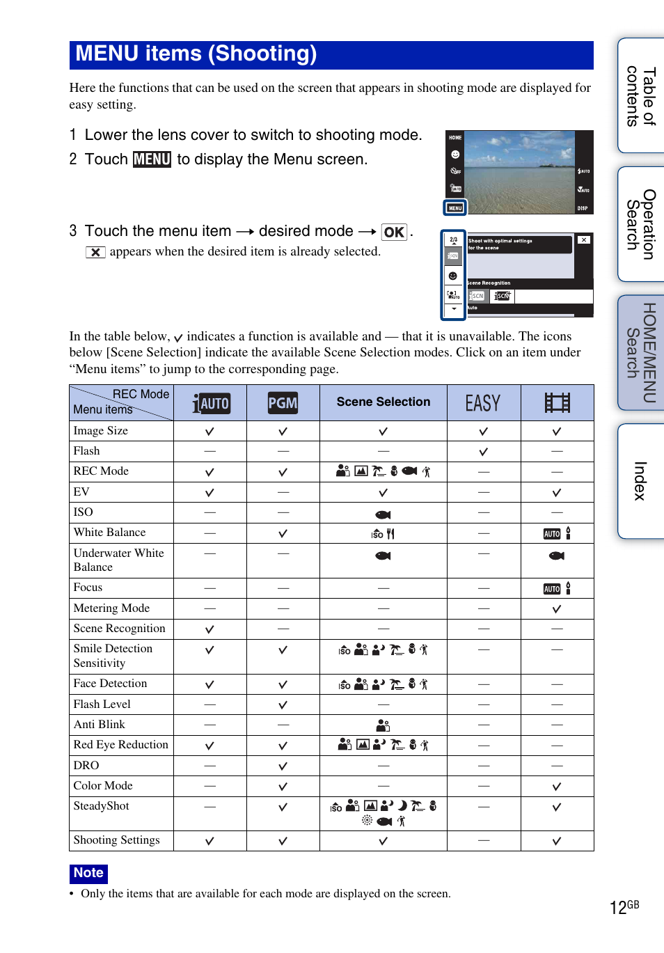 Menu items (shooting) | Sony Cyber-shot 4-130-938-12(1) User Manual | Page 12 / 170