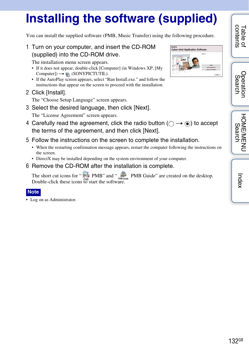 Installing the software (supplied) | Sony Cyber-shot 4-130-938-12(1) User Manual | Page 132 / 170