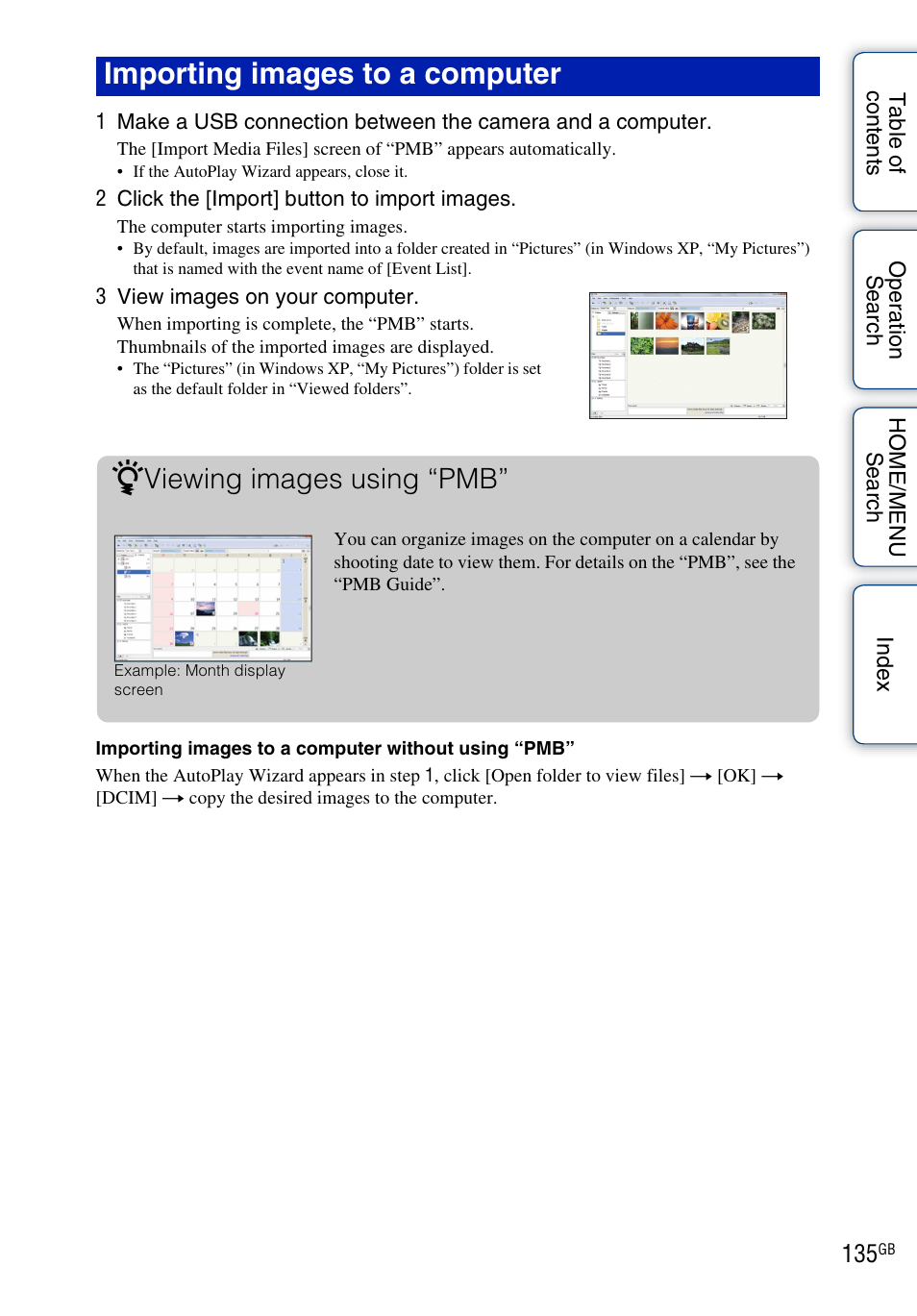 To 135 w, Importing images to a computer z, Viewing images using “pmb | Sony Cyber-shot 4-130-938-12(1) User Manual | Page 135 / 170