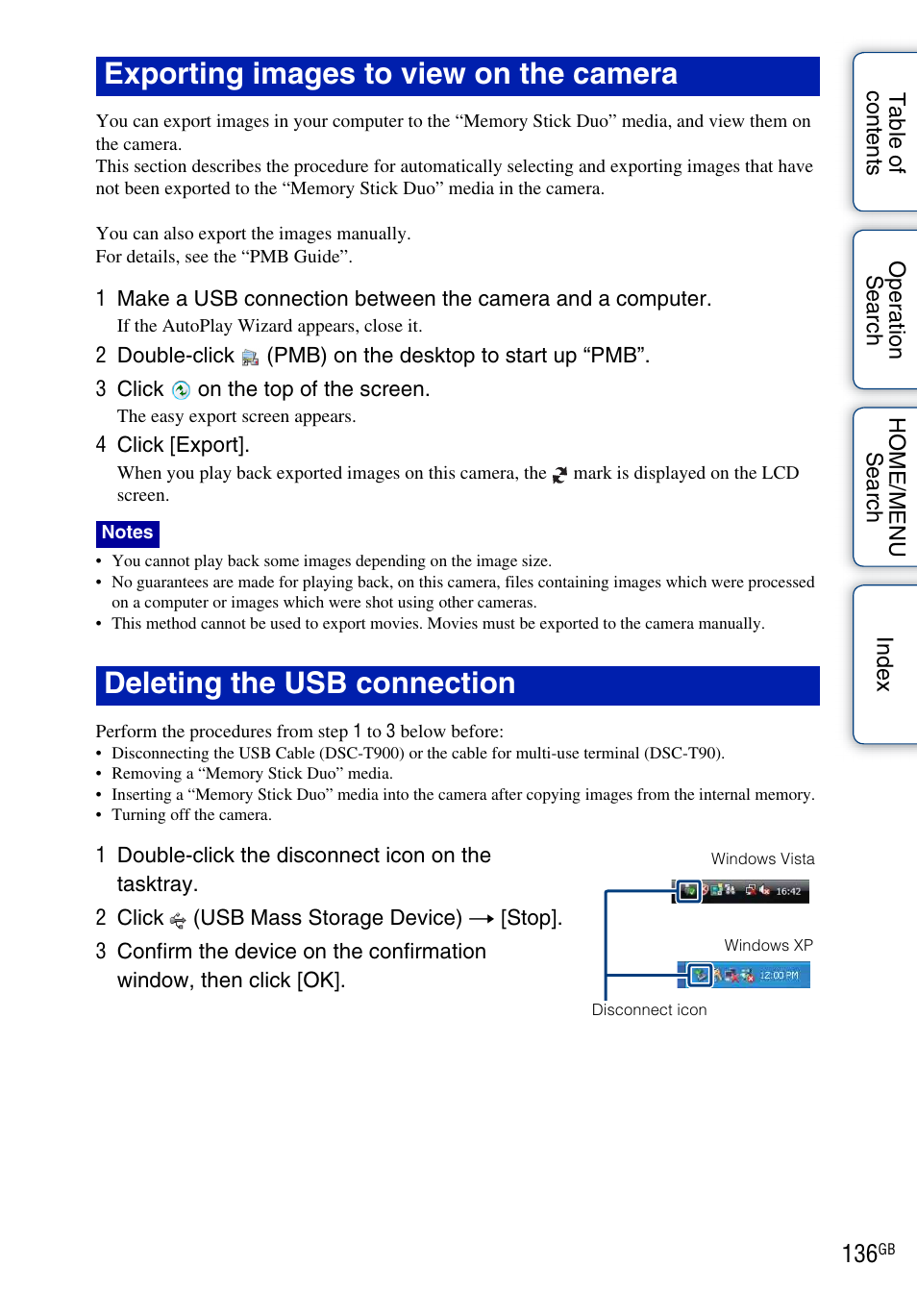 Exporting images to view on the camera, Deleting the usb connection | Sony Cyber-shot 4-130-938-12(1) User Manual | Page 136 / 170