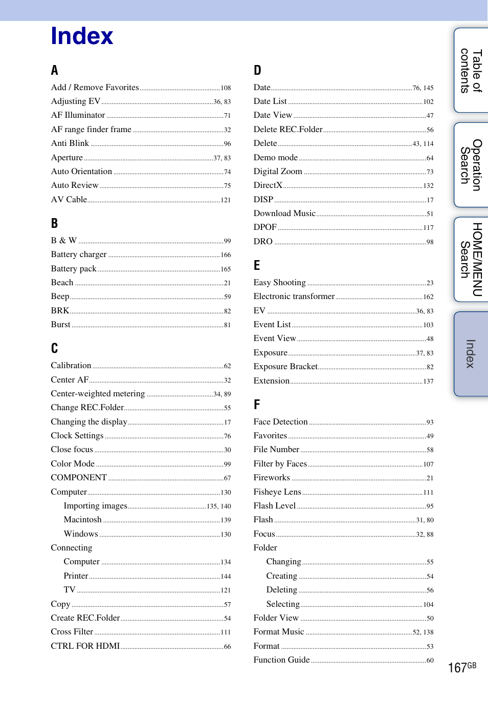 Index | Sony Cyber-shot 4-130-938-12(1) User Manual | Page 167 / 170