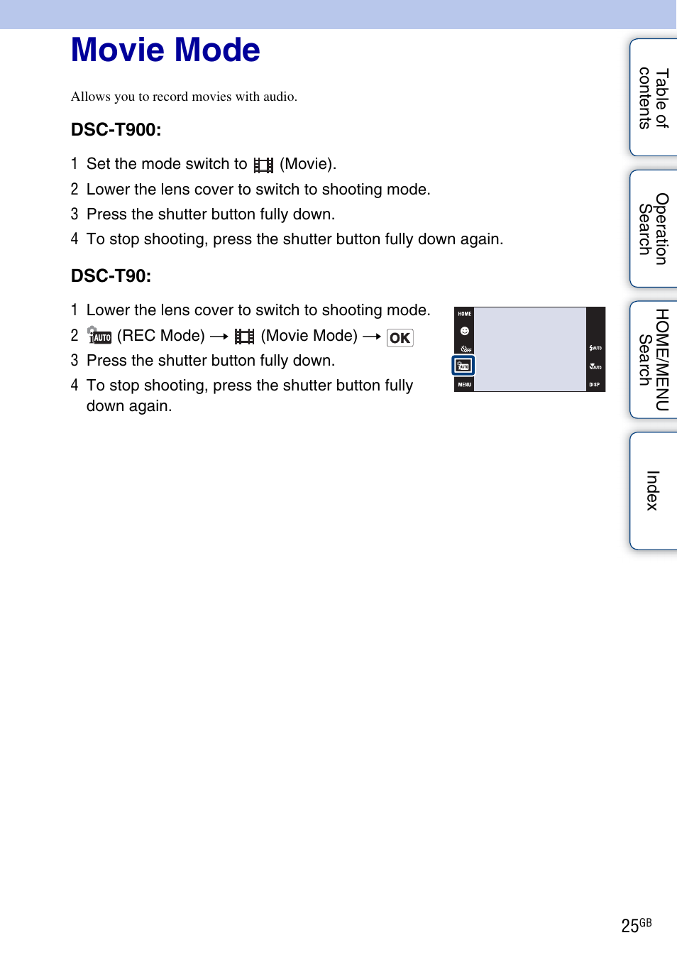 Movie mode | Sony Cyber-shot 4-130-938-12(1) User Manual | Page 25 / 170
