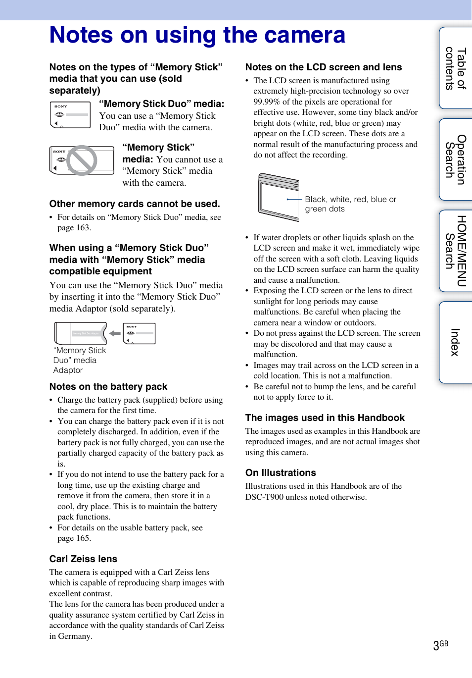 Notes on using the camera | Sony Cyber-shot 4-130-938-12(1) User Manual | Page 3 / 170