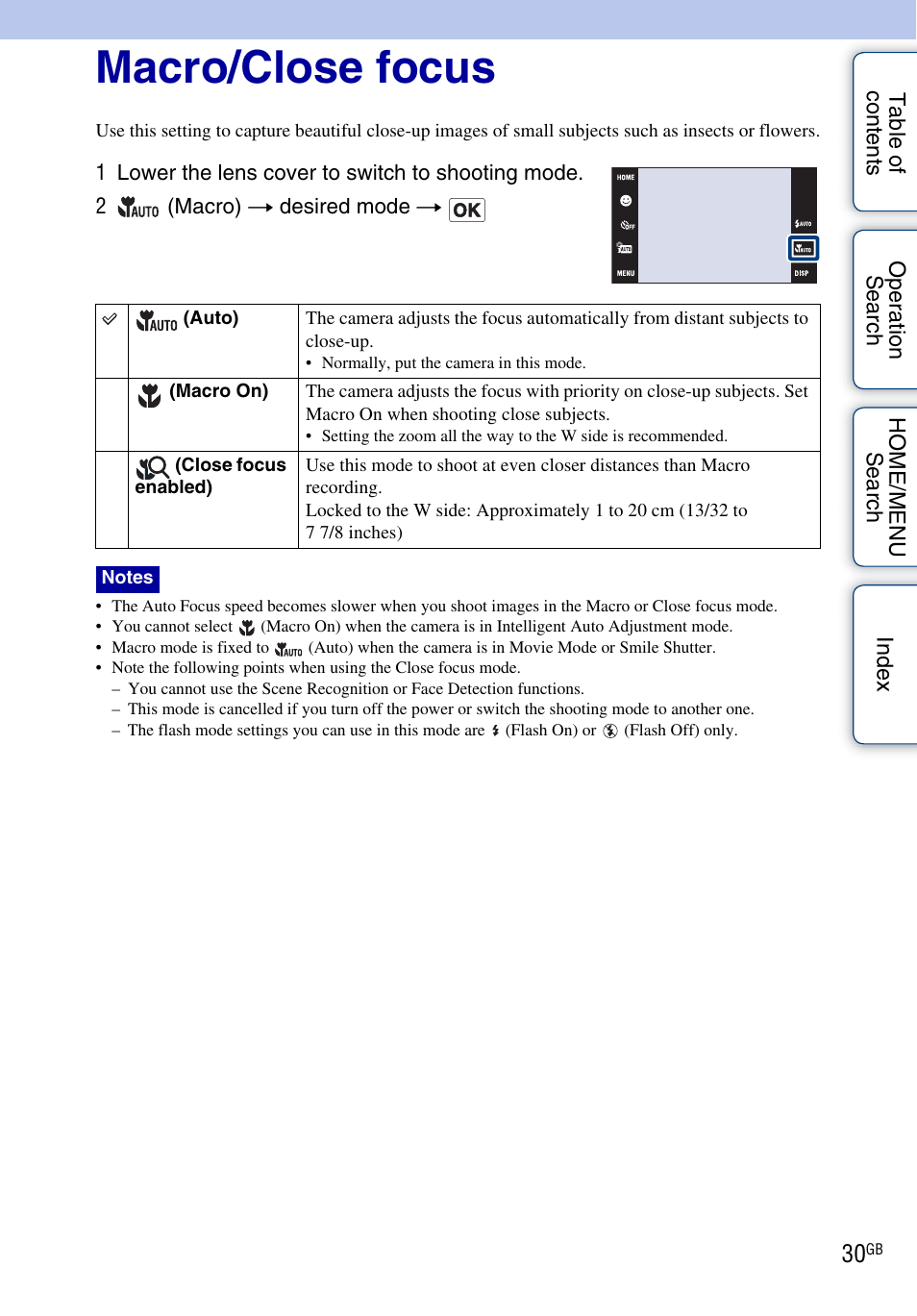 Macro/close focus | Sony Cyber-shot 4-130-938-12(1) User Manual | Page 30 / 170