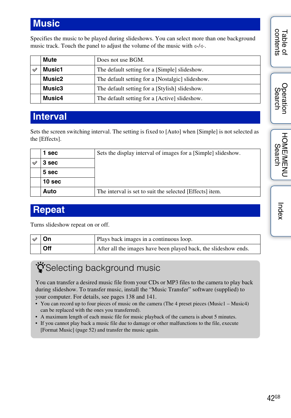 Music, Interval, Repeat | Selecting background music | Sony Cyber-shot 4-130-938-12(1) User Manual | Page 42 / 170