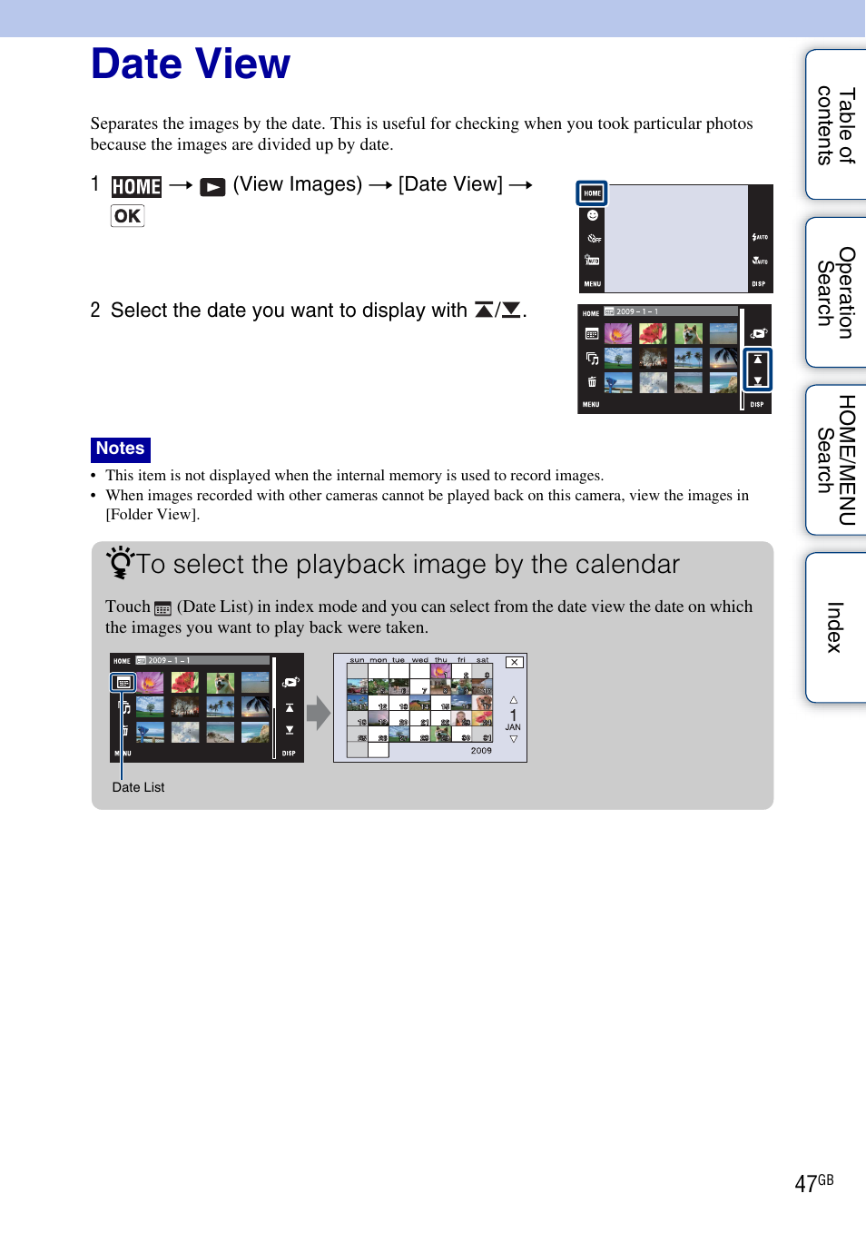 Date view | Sony Cyber-shot 4-130-938-12(1) User Manual | Page 47 / 170