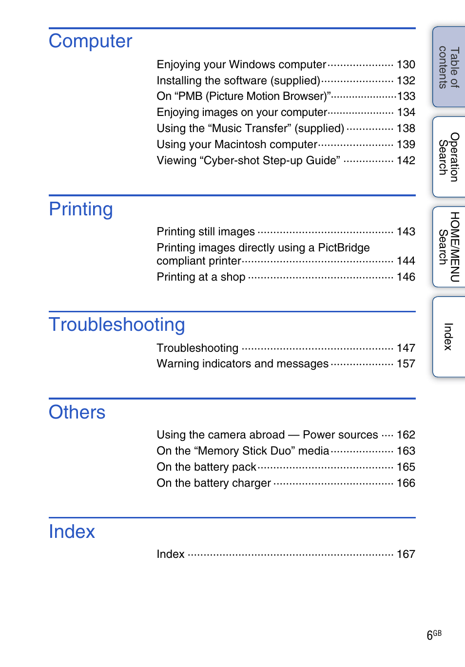 Computer, Printing, Troubleshooting | Others, Index | Sony Cyber-shot 4-130-938-12(1) User Manual | Page 6 / 170