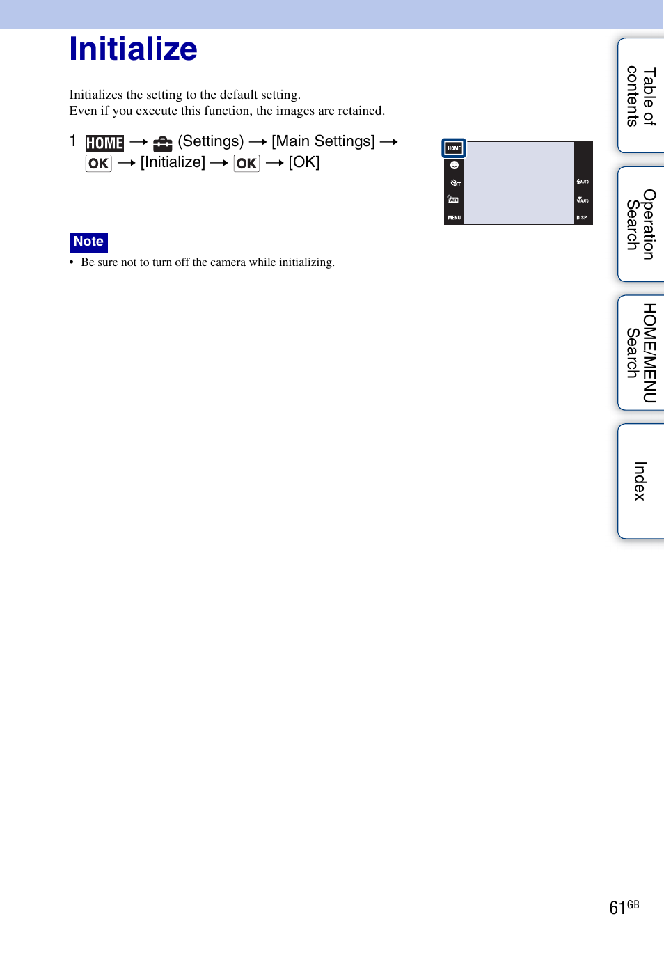 Initialize | Sony Cyber-shot 4-130-938-12(1) User Manual | Page 61 / 170