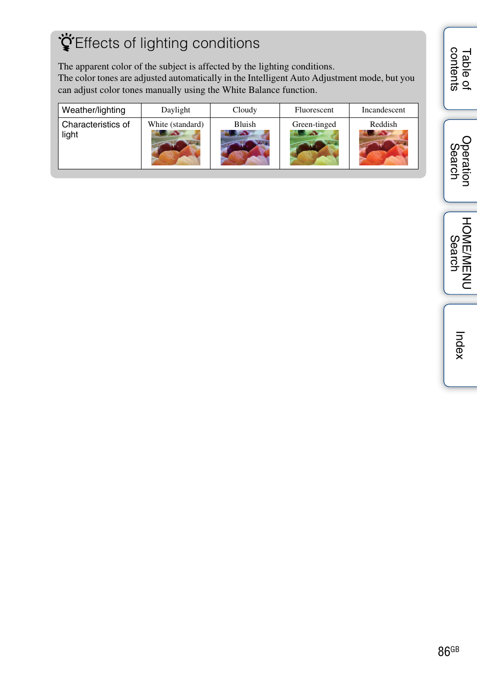 Effects of lighting conditions | Sony Cyber-shot 4-130-938-12(1) User Manual | Page 86 / 170