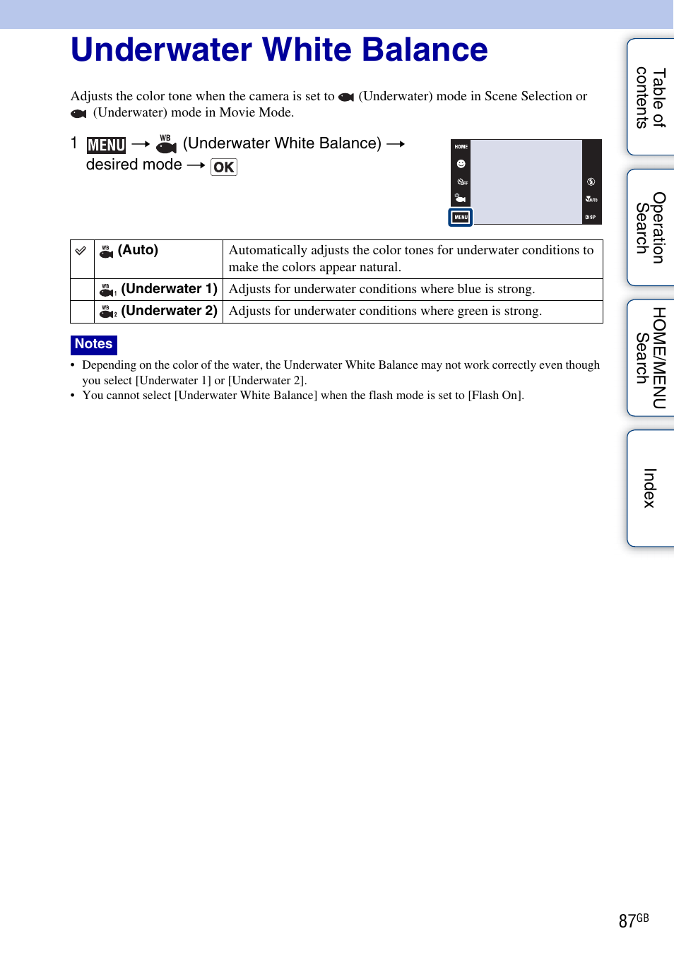 Underwater white balance | Sony Cyber-shot 4-130-938-12(1) User Manual | Page 87 / 170