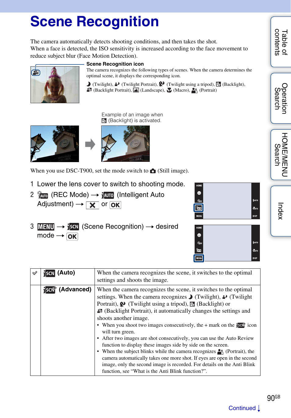 Scene recognition | Sony Cyber-shot 4-130-938-12(1) User Manual | Page 90 / 170